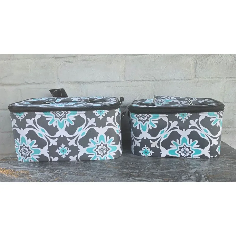 N Gil Damask Bliss Traveling Cosmetic Pouch Train Case Set of 2 Grey Teal FLAW